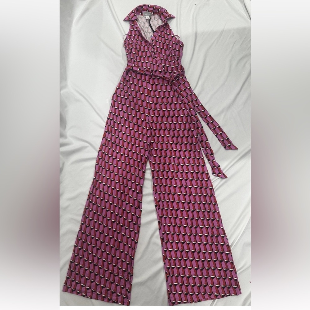 Diane von Furstenberg Sleeveless Jumpsuit XS Pink Geometric Tie Waist Wide Leg